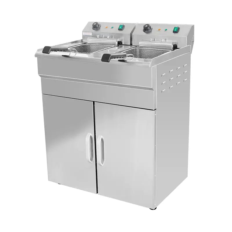 DZL-32VC floor-standing double-tank electric deep fryer with cabinet, stainless steel