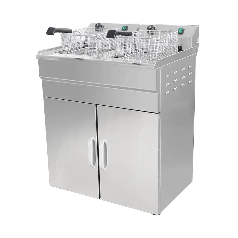 DZL-32VC floor-standing double-tank electric deep fryer with cabinet, stainless steel