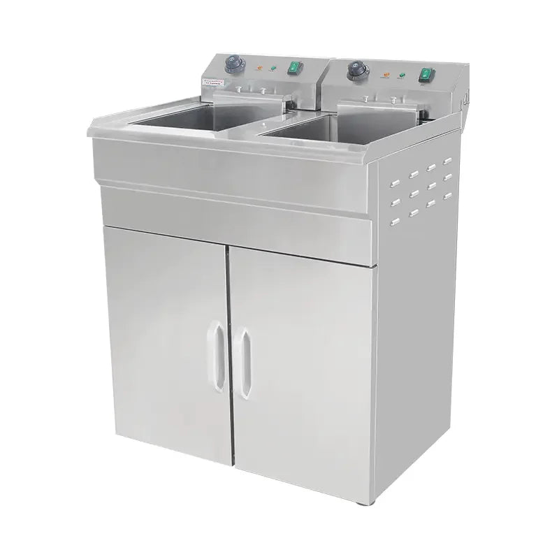 DZL-32VC floor-standing double-tank electric deep fryer with cabinet, stainless steel
