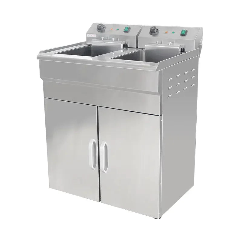 DZL-32VC floor-standing double-tank electric deep fryer with cabinet, stainless steel