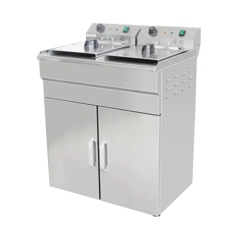 DZL-32VC floor-standing double-tank electric deep fryer with cabinet, stainless steel