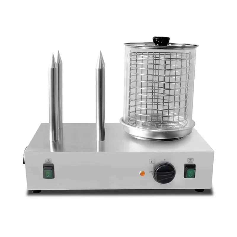 HDW-4 electric hot dog steamer with glass container and bun sticks, stainless steel