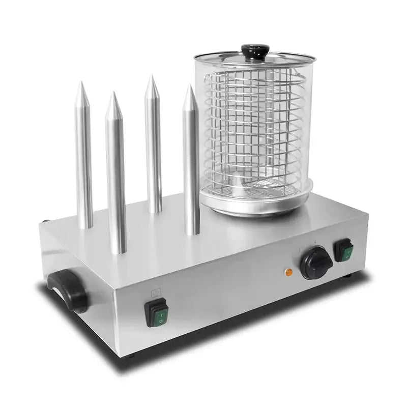 HDW-4 electric hot dog steamer with glass container and bun sticks, stainless steel