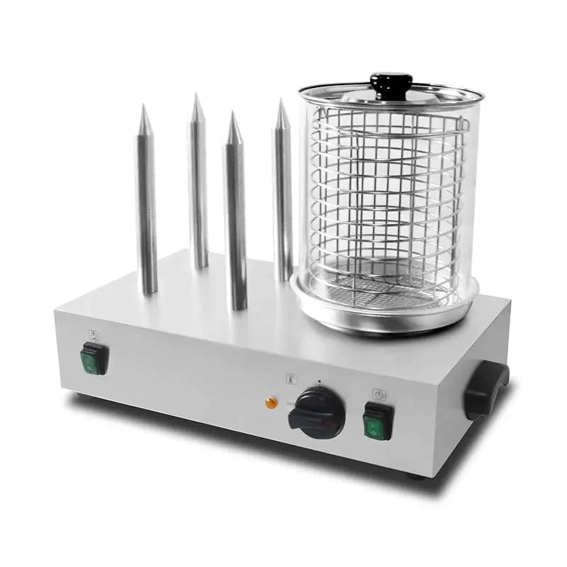 HDW-4 electric hot dog steamer with glass container and bun sticks, stainless steel